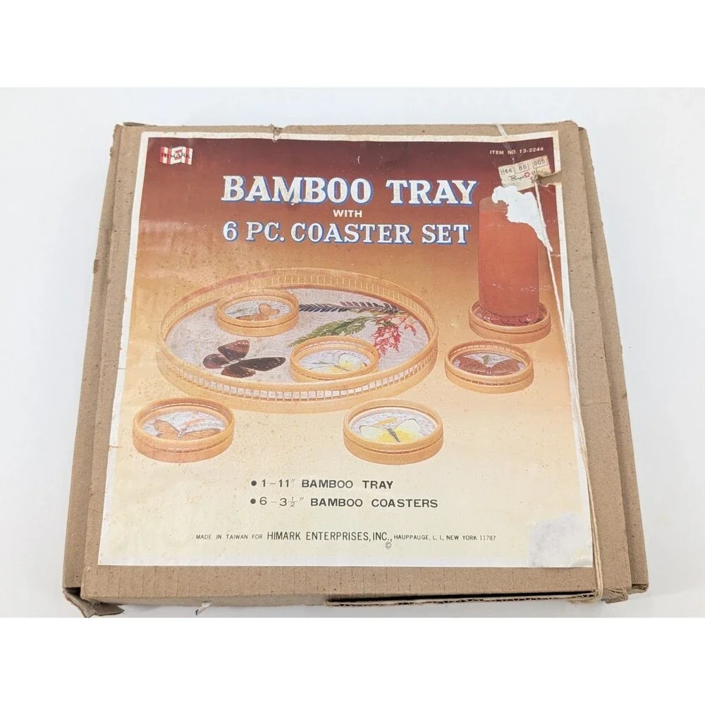 Himark Bamboo Tray Coaster Set Acrylic Pressed Butterfly Flowers 7 Pc Vintage